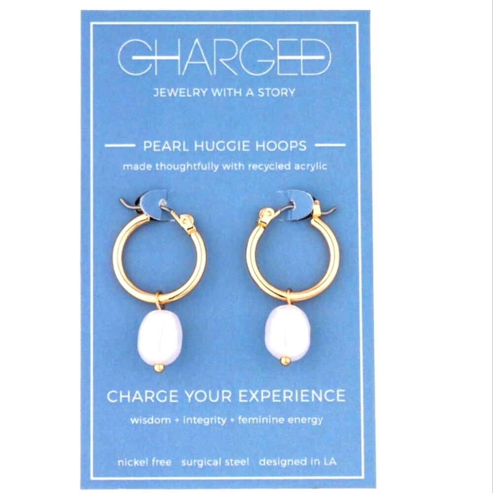 Charged Pearl Huggie Hoop Earrings Gold with removable Pearl New MSRP $50